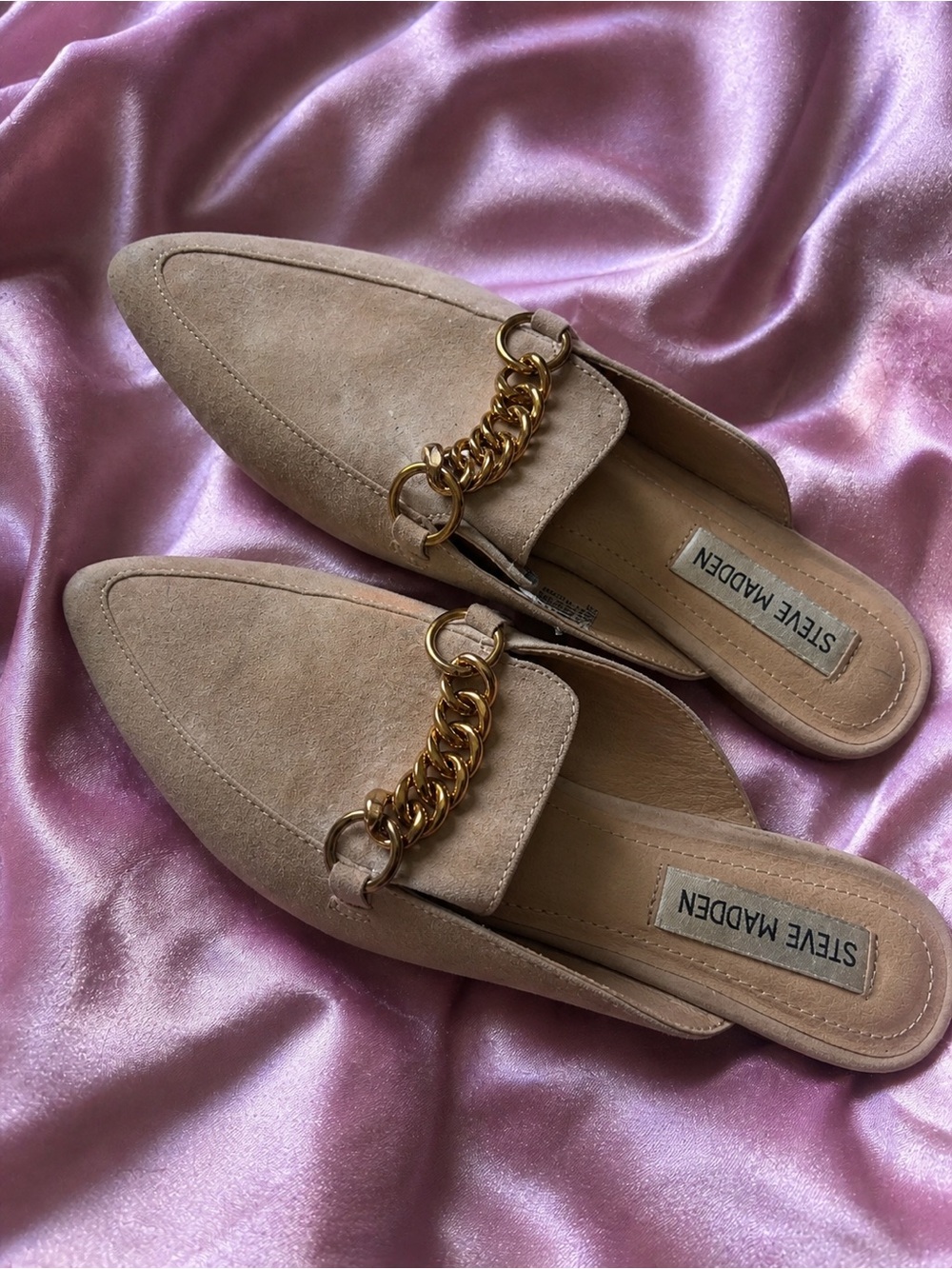 Steve Madden Tan Suede Chain-Trim Slip-On Mules